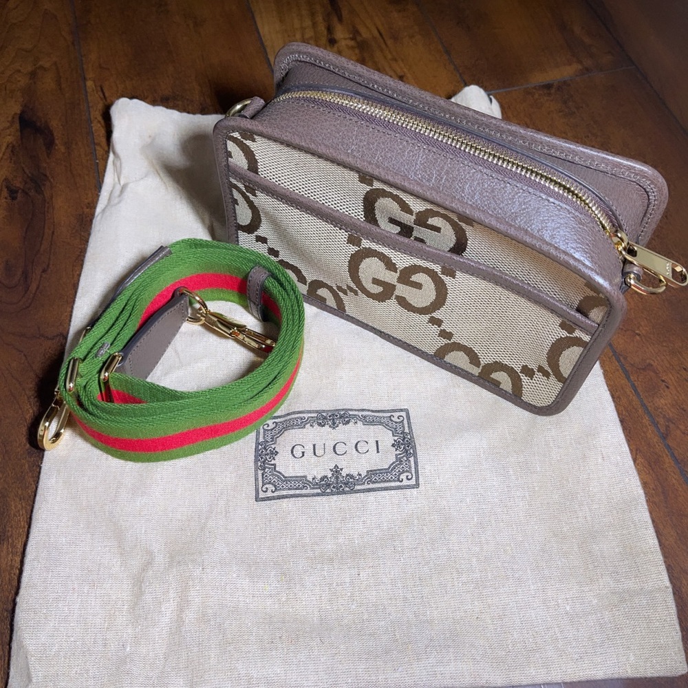 GUCCI JUMBO GG MINI BAG (camel and ebony GG canvas)